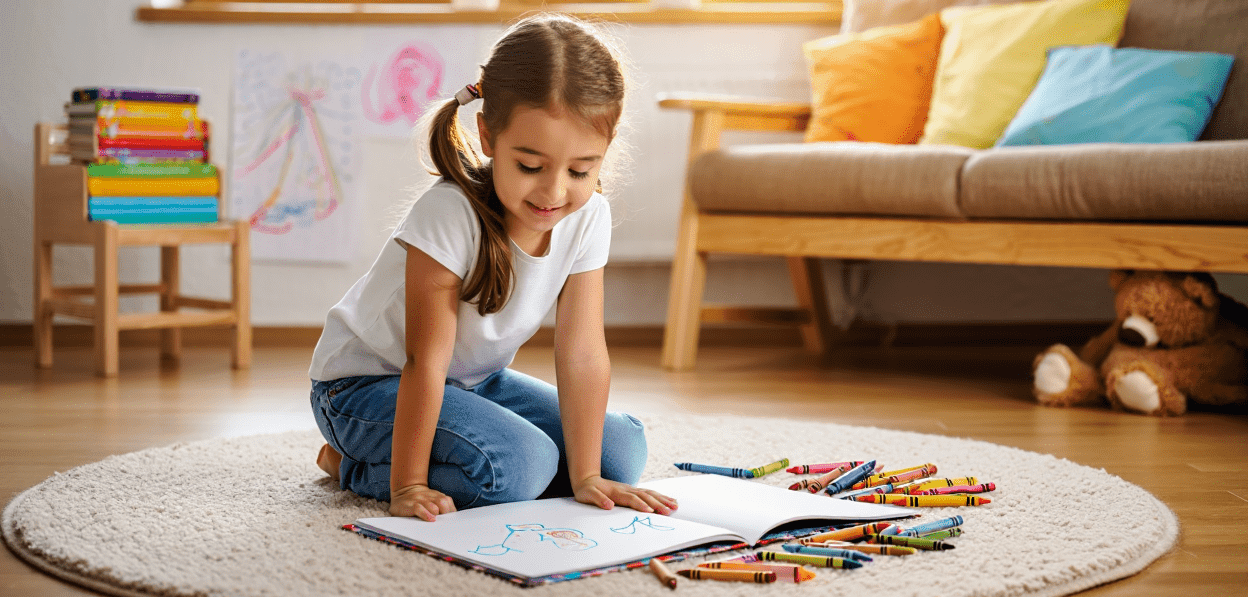Child drawing in a book with crayons on a rug.